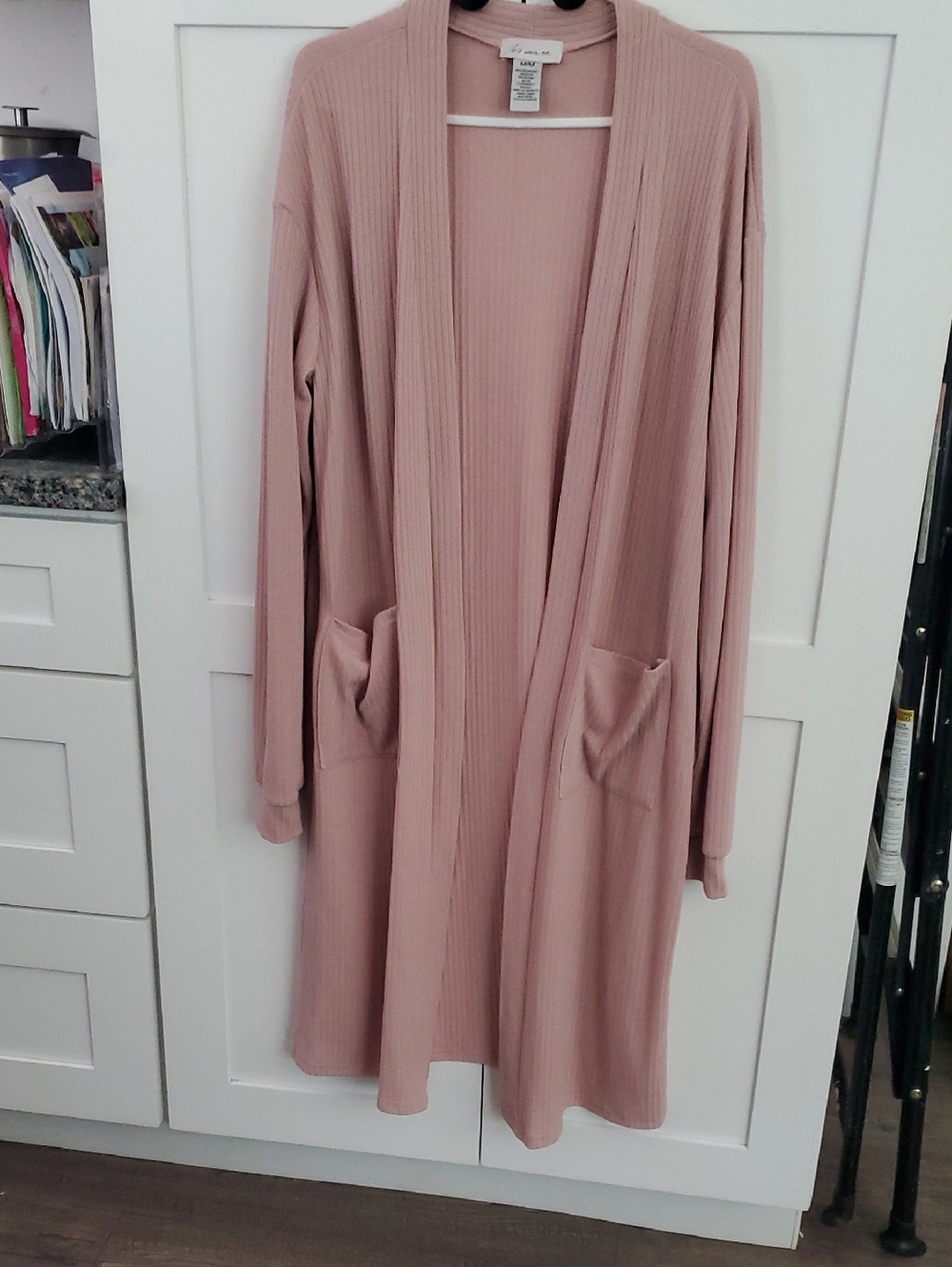 Ribbed Open-Front Long Cardigan in Dusty Rose
